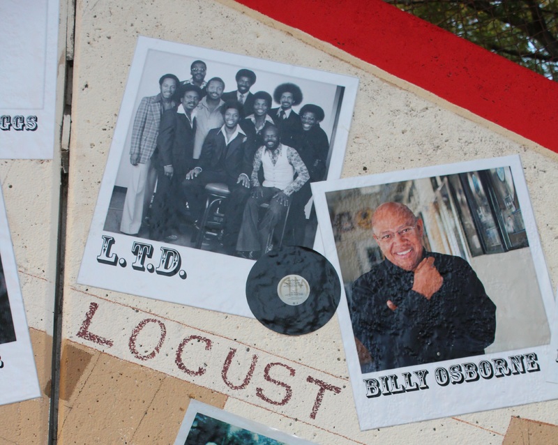 Mural detail showing photos of soul group L.T.D. and Billy Osborne on the Locust Street section of the music mural.