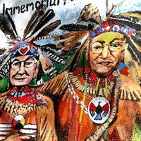 A closeup of the Land Acknowledgement mural depicting brothers Lee Braveheart and Harry the Hawk Edmonds