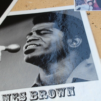Black-and-white photo of James Brown labeled against a textured wall, singing at a microphone.